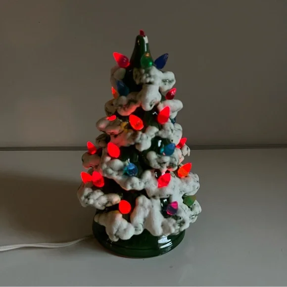 Vintage Ceramic Christmas Tree Snow Dated 1984 Green Multi Color 9” Tall